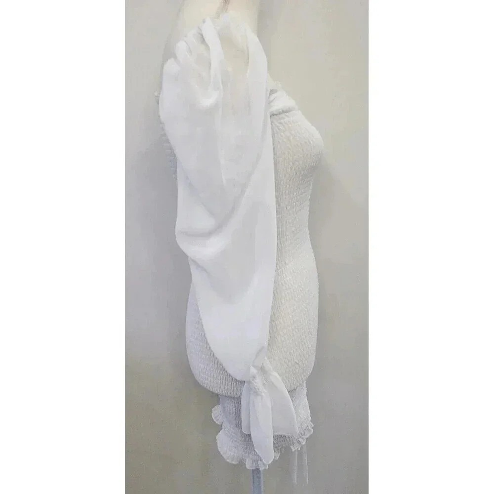Princess Polly White Smocked Mini Dress Long Sheer Sleeve Ruched Bodycon XS S - Picture 7 of 11